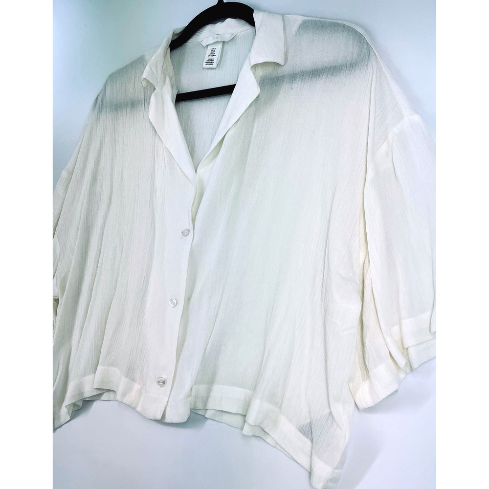 H&M Sheer Ivory Button Front Blouse Short Sleeve Flowy Minimalist Sz XS